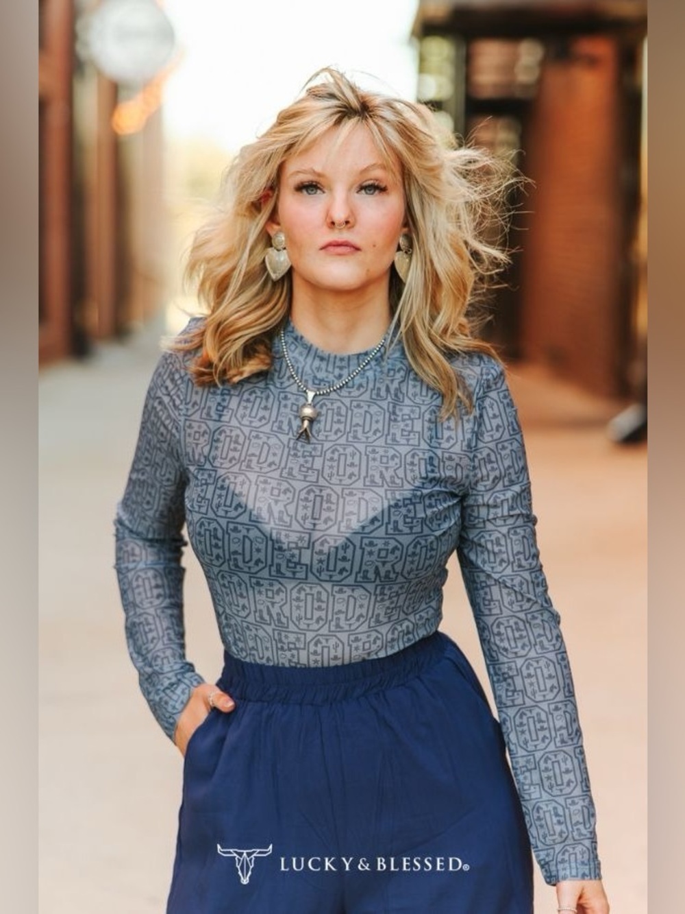 Lucky & Blessed PLUS Navy Rodeo Printed Long Sleeve Mesh Top